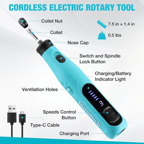 DURATECH 3.6V Cordless Rotary Tool Kit, Lightweight Power Rotary Tool with 135PC Accessories, Type-C Rechargeable, 6 Variable Speed for Sanding, Polishing, Carving, Cutting, Drilling and DIY Crafts in Kuwait
