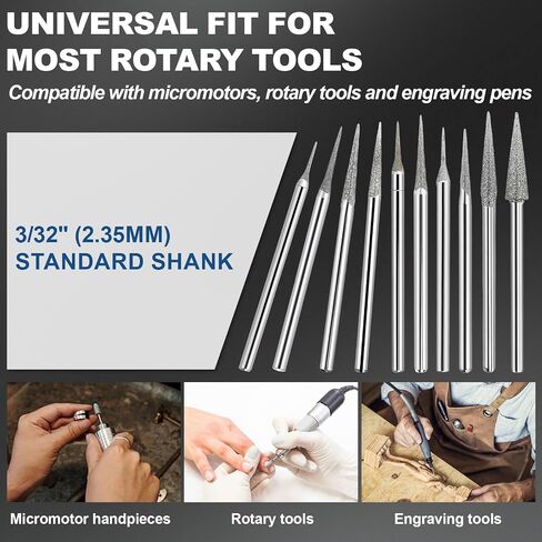 Wadoy 3/32" Marathon-IV Micromotor Tapered Diamond Burr Bits, 10 Pcs | Cone Point Diamond Grinding Shank Bits for Marathon-IV Micromotor, Jewelry Stone Carving Crafts Glass Ceramic Woodworking in Kuwait