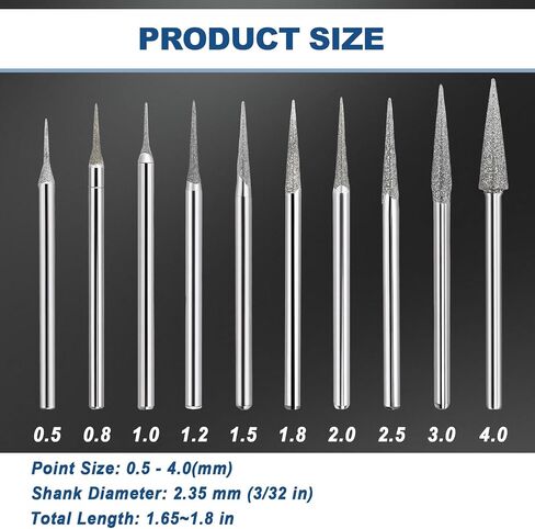 Wadoy 3/32" Marathon-IV Micromotor Tapered Diamond Burr Bits, 10 Pcs | Cone Point Diamond Grinding Shank Bits for Marathon-IV Micromotor, Jewelry Stone Carving Crafts Glass Ceramic Woodworking in Kuwait