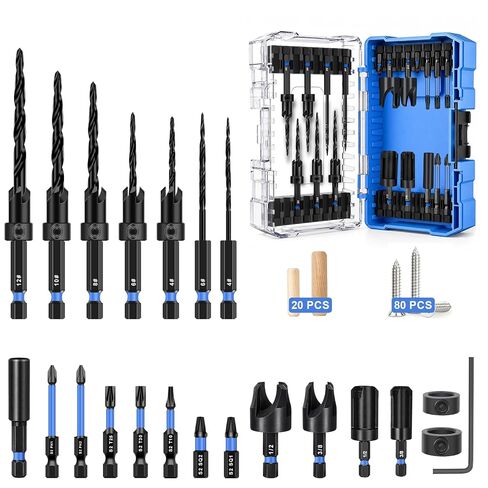 Countersink Drill Bit Set 22PCS with 20 Wood Plugs & 80 Screws for Wood | Cobalt HSS, 4-Flute Cutting, Adjustable Depth, 1/4" Hex Shank, 3/8"&1/2" Wood Plug Cutters, Magnetic Extension Bit Holder in Kuwait