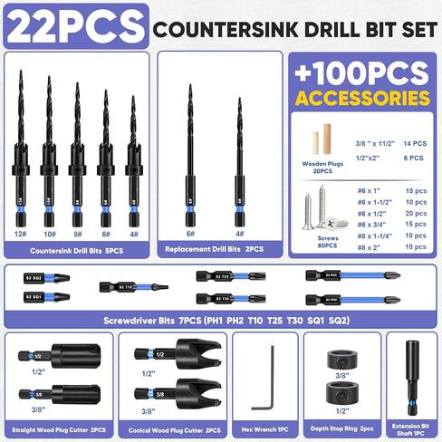 Countersink Drill Bit Set 22PCS with 20 Wood Plugs & 80 Screws for Wood | Cobalt HSS, 4-Flute Cutting, Adjustable Depth, 1/4" Hex Shank, 3/8"&1/2" Wood Plug Cutters, Magnetic Extension Bit Holder in Kuwait