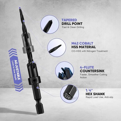 Countersink Drill Bit Set 22PCS with 20 Wood Plugs & 80 Screws for Wood | Cobalt HSS, 4-Flute Cutting, Adjustable Depth, 1/4" Hex Shank, 3/8"&1/2" Wood Plug Cutters, Magnetic Extension Bit Holder in Kuwait