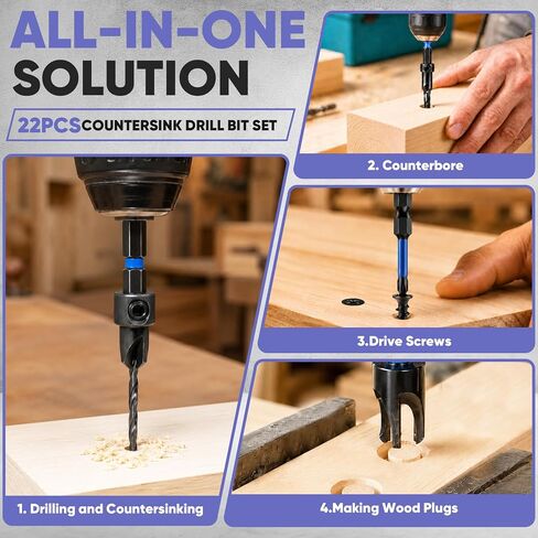 Countersink Drill Bit Set 22PCS with 20 Wood Plugs & 80 Screws for Wood | Cobalt HSS, 4-Flute Cutting, Adjustable Depth, 1/4" Hex Shank, 3/8"&1/2" Wood Plug Cutters, Magnetic Extension Bit Holder in Kuwait