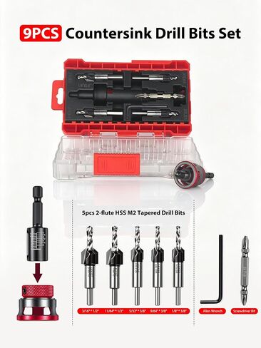 9PCS Countersink Drill Bit Set, 5PCS Two Flute Counterbore TCT Alloy HSS M2 Countersink Bit with Depth Stop Collar, Adjustable Counter Sink Bits for Wood Plywood and MDF DIY in Kuwait