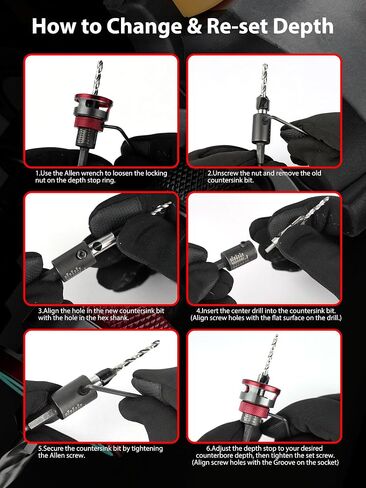 9PCS Countersink Drill Bit Set, 5PCS Two Flute Counterbore TCT Alloy HSS M2 Countersink Bit with Depth Stop Collar, Adjustable Counter Sink Bits for Wood Plywood and MDF DIY in Kuwait