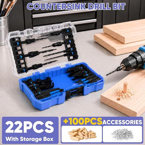 Countersink Drill Bit Set 22PCS with 20 Wood Plugs & 80 Screws for Wood | Cobalt HSS, 4-Flute Cutting, Adjustable Depth, 1/4" Hex Shank, 3/8"&1/2" Wood Plug Cutters, Magnetic Extension Bit Holder in Kuwait