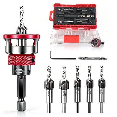 9PCS Countersink Drill Bit Set, 5PCS Two Flute Counterbore TCT Alloy HSS M2 Countersink Bit with Depth Stop Collar, Adjustable Counter Sink Bits for Wood Plywood and MDF DIY in Saudi Arabia