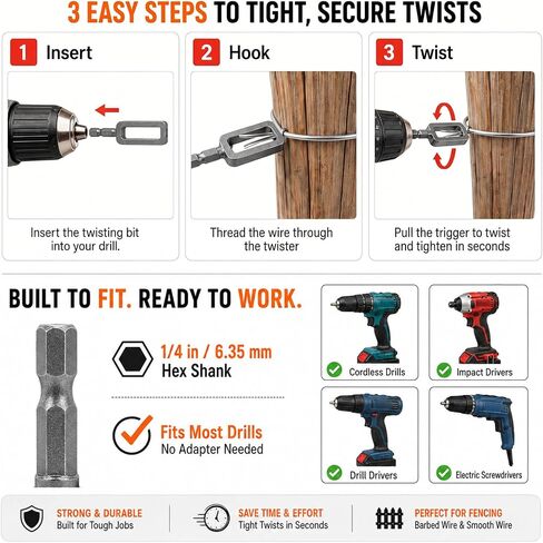 Plman 2PCS Wire Twister Tool for Drill with 2PCS Screwdriver Bit Holders and 1PC Keychain, Fence Wire Twisting Tool with 1/4" Hex Shank for Rebar Tying, Fencing, Garden and Cable Bundling in Kuwait