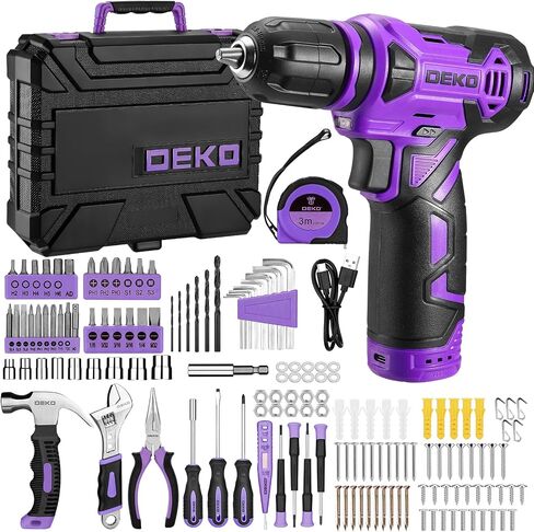 151PC DEKO Household Tool Set with 12V Cordless Drill Driver, Home Repair Kit Includes Hammer, Adjustable Wrench, Pliers, Screwdrivers & Drill Bits, Purple Case in Kuwait