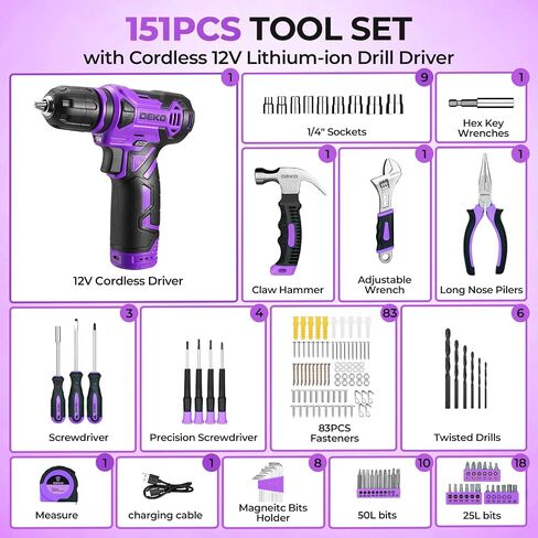 151PC DEKO Household Tool Set with 12V Cordless Drill Driver, Home Repair Kit Includes Hammer, Adjustable Wrench, Pliers, Screwdrivers & Drill Bits, Purple Case in Kuwait
