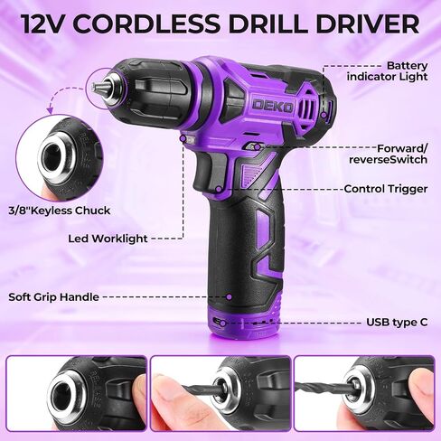 151PC DEKO Household Tool Set with 12V Cordless Drill Driver, Home Repair Kit Includes Hammer, Adjustable Wrench, Pliers, Screwdrivers & Drill Bits, Purple Case in Kuwait