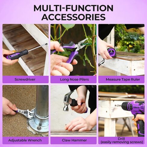 151PC DEKO Household Tool Set with 12V Cordless Drill Driver, Home Repair Kit Includes Hammer, Adjustable Wrench, Pliers, Screwdrivers & Drill Bits, Purple Case in Kuwait