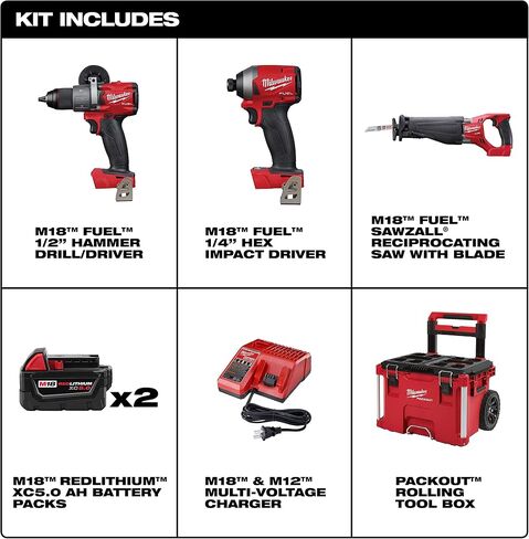 Milwaukee 2997-23SPO M18 FUEL 18-Volt Lithium-Ion Brushless Cordless Combo Kit (3-Tool) with Two 5.0 Ah Battery and PACKOUT Rolling Tool Box in Kuwait
