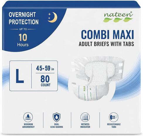 Nateen Combi Maxi Adult Diapers with Tabs for Women and Men, Maximum Absorbency Protective Incontinence Briefs, Overnight Leakproof and Skin-Friendly Incontinence Underwear. Medium, 10Count in Saudi Arabia