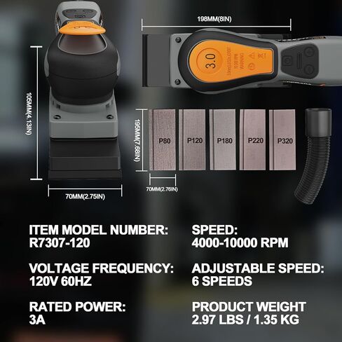 Sheet Sander 350W Brushless by ONEMANA, Square Base Orbital Sander with 6 Variable Speed, Electric Palm Sander with Dust Collection, Low Vibration for Woodworking Corners & Edges in Kuwait