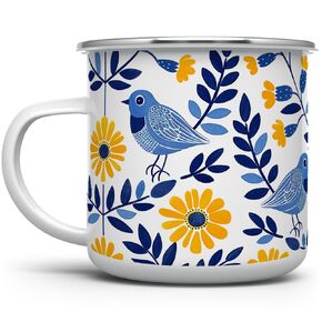 Floral Bird Enamel Camping Coffee Mug, Nature Flowers Botanical Gift Cup for Friend Coworker Women Mom (12oz)