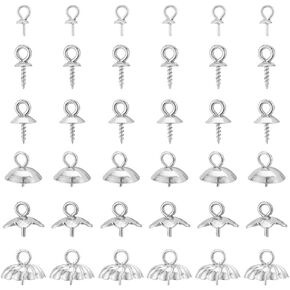 UNICRAFTALE About 112Pcs 6 Styles Stainless Steel Screw Cup Pearl Peg Bails Flower Bead Caps Eye Pin Cup Peg Bails for Half Drilled Beads Charm Bails with Loop Pendant Connector for Jewelry Making