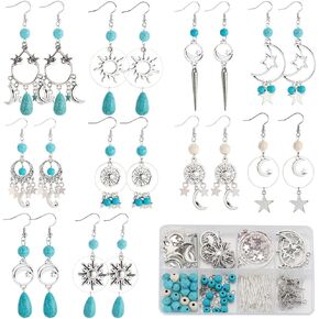 SUNNYCLUE 1 Box DIY 10 Pairs Bohemian Style Moon Charms Sun Star Charm Women Dangle Earrings Making Kit Antique Silver Chandelier Connector Charm Synthetic Turquoise Beads for Jewelry Making Kits