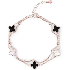 Sterling Silver 4-leaf clover Charm Bracelet with Adjustable Agate Links, Gift for Women, Girls, Rose Gold Peacock Green