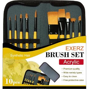 Exerz Artist Paint Brush 10pcs Professional Synthetic Hair Brushes in a Travel Case/Perfect for Acrylic Watercolor Gouache & Face Paint - Acrylic