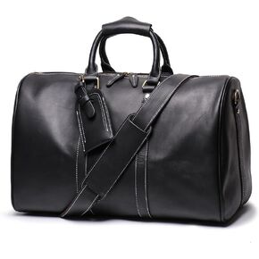 Genuine Leather Men Travel Bag Cowhide Luggage Bags Shoulder Bag Weekend Bag Overnight Gym Sports Carry On Duffel Bag (Black)