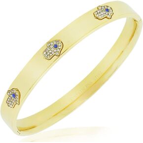 My Daily Styles Stainless Steel White Blue CZ Hamsa Good Luck Bangle Bracelet, 7.5"
