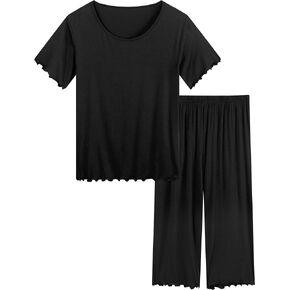 Joyaria Women Bamboo Viscose Pajamas Set Ruffle Capri Short Sleeve Pjs Cooling Sleepwear