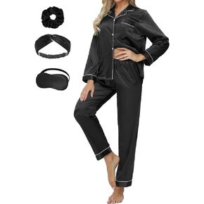SEALINF Women's Long Satin Pajamas Set Sleepwear Button Shirt and Pants,With Eyemask, Hair Ring, Hairband