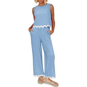 Glamaker Women's Summer 2 Piece Outfits Sleeveless Linen Tank Top Wide Leg Pants Jumpsuits Vacation Matching Sets