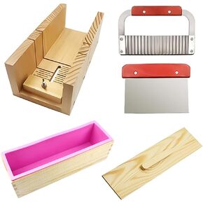 Soap Making Cutting Mold Kit,Handmade soap Making kit,Adjustable Wooden Soap Cutter,Silicone Soap Mold Set, Wood Box with Lid,Stainless Steel Wavy & Straight Scraper Soap Making Supplies
