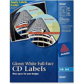 Avery Full-Face CD Labels for Inkjet Printers, Glossy White, 20 Disc Labels and 40 Spine Labels (8944)