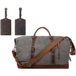 S-ZONE Oversized Leather Canvas Duffel Shoulder Weekender Mens Overnight Bag with Leather Luggage Tags
