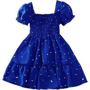 BEAUDRM Girl's Allover Print Ruffle Hem Shirred Dress Cute Short Sleeve Square Neck High Waist Knee Length A Line Dresses