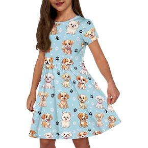Girls Short Sleeve Dresses Casual Twirly Skater Dress with Pockets for 3-14 Years Old