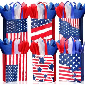Clysee Reusable Patriotic Non Woven Presidents Day Gift Bags with Tissue Paper 6 Different Patterns Waterproof Tote Bags with Handle for 4th of July Decor Holiday Patriotic Party Favors(12 Pack)