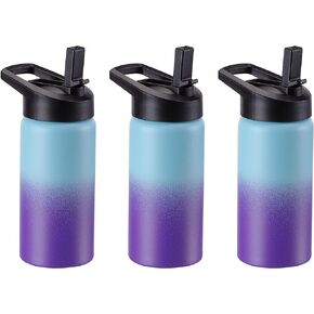 Kids Water Bottle with Straw Lid & Handle, 3 Pack 16oz Personalized Water Bottles Bulk, Dishwasher Safe, Leak Proof DIY Gift for Girls Boys to School Sports Travel Gym Running Hiking, Blue Purple