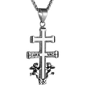 HZMAN Religious Stainless Steel Cruz De Caravaca Double Cross with Angels Pendant Necklace