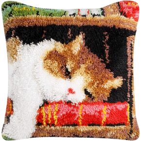 Latch Hook Kits Cushion Cover Pillowcase Embroidery DIY Kit for Adults and Kids, Cat, 17"x17"