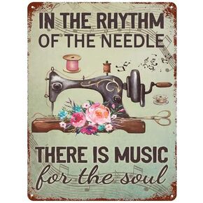Sewing Room Wall Art, Craft Room Decor, Metal Tin Sign Retro Style Novelty Poster Iron Painting Sewing Machine & Music Notes Tin Sign, Size 12X8 Inches