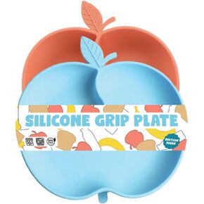 Happy Grub Apple Silicone Grip Plate - Suction Plates for Babies and Toddlers - BPA Free Grip Dish Stays Put with Suction Feature and 3 Dividers - Microwave and Dishwasher Safe (2 Pack)