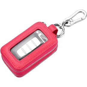 Car Key Fob Case, Genuine Leather Remote Keychain Bag with Lanyard and Zipper Closure, Key Protection Cover for Men Women (Black)