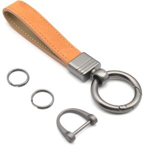 Car Fob Key Chain Genuine Leather Keychains Holder for Men and Women, 360 Degree Rotatable, with Anti-lost D-Ring, Circle Carabiner and Key Rings, Black