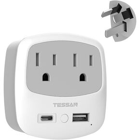 Australia New Zealand Power Plug Adapter, TESSAN Type I Travel Adaptor with 2 Electrical Outlets 2 USB Ports (1 USB C), Power Adapter for US to China Australian Argentina Fiji Cook Islands AU