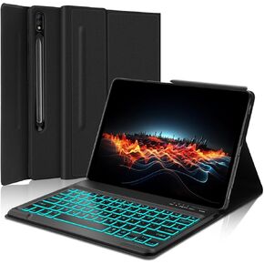 Samsung Galaxy Tab S7 FE/S8 Plus/S7 Plus Case with Keyboard 12.4 Inch - Smart Folio Case with S Pen Holder, 7 Colors Backlight Detachable Wireless Keyboard for Tab S7 FE 2021/S8+ 2022/S7+ 2020, Blue