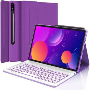 حافظة لوحة مفاتيح لجهاز Samsung Galaxy Tab S7 FE 2021/S8 Plus 2022/S7 Plus 2020 مقاس 12.4 بوصة، غطاء حماية ذكي، يدعم شحن قلم S، لوحة مفاتيح لاسلكية قابلة للفصل بإضاءة خلفية RGB بـ 7 ألوان، أرجواني