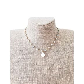 Clover Charm Choker Necklace 4 Leaf White Shell Amazonite Multi Color Pastel Color Earthy Stone
