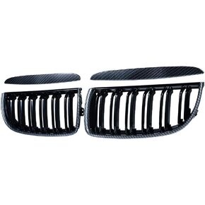 Pair Glossy Black Double Line Carbon Fiber Trim Front Hood Kidney Grille Grill Compatible with 2005-2008 BMW E90 E91 323i 325xi 330i 328i 328xi 335i 335xi Pre-LCI