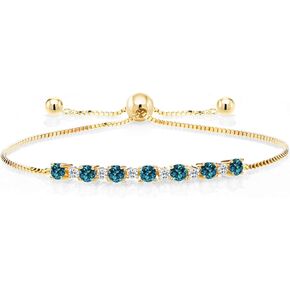 Gem Stone King 18K Yellow Gold Plated Silver London Blue Topaz and White Topaz Tennis Bracelet For Women (1.06 Cttw, Gemstone Birthstone, Adjustable Up to 9 Inch)