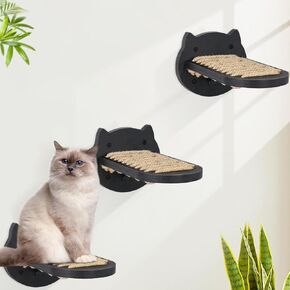 3 Pcs Cat Wall Shelves, Cat Wall Steps with Hemp Rope Covered, Cat Climbing Shelf Wall Mounted, Wooden Cat Stairs for Wall, Cat Wall Furniture for Cats Playing and Climbing, Cat Ladder Steps (Black)