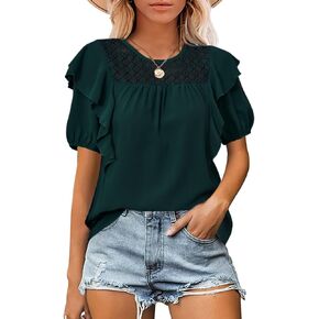Cicy Bell Womens Summer Top Ruffle Short Sleeve Lace Crochet Shirt Dressy Casual Loose Tunic Blouse